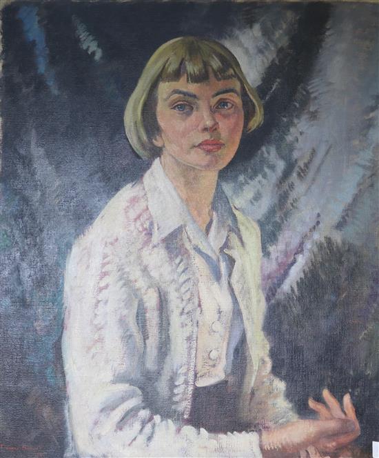 F. Wynne Thomas, oil on canvas, portrait of a young lady, signed and dated 53, 77 x 64cm, unframed.